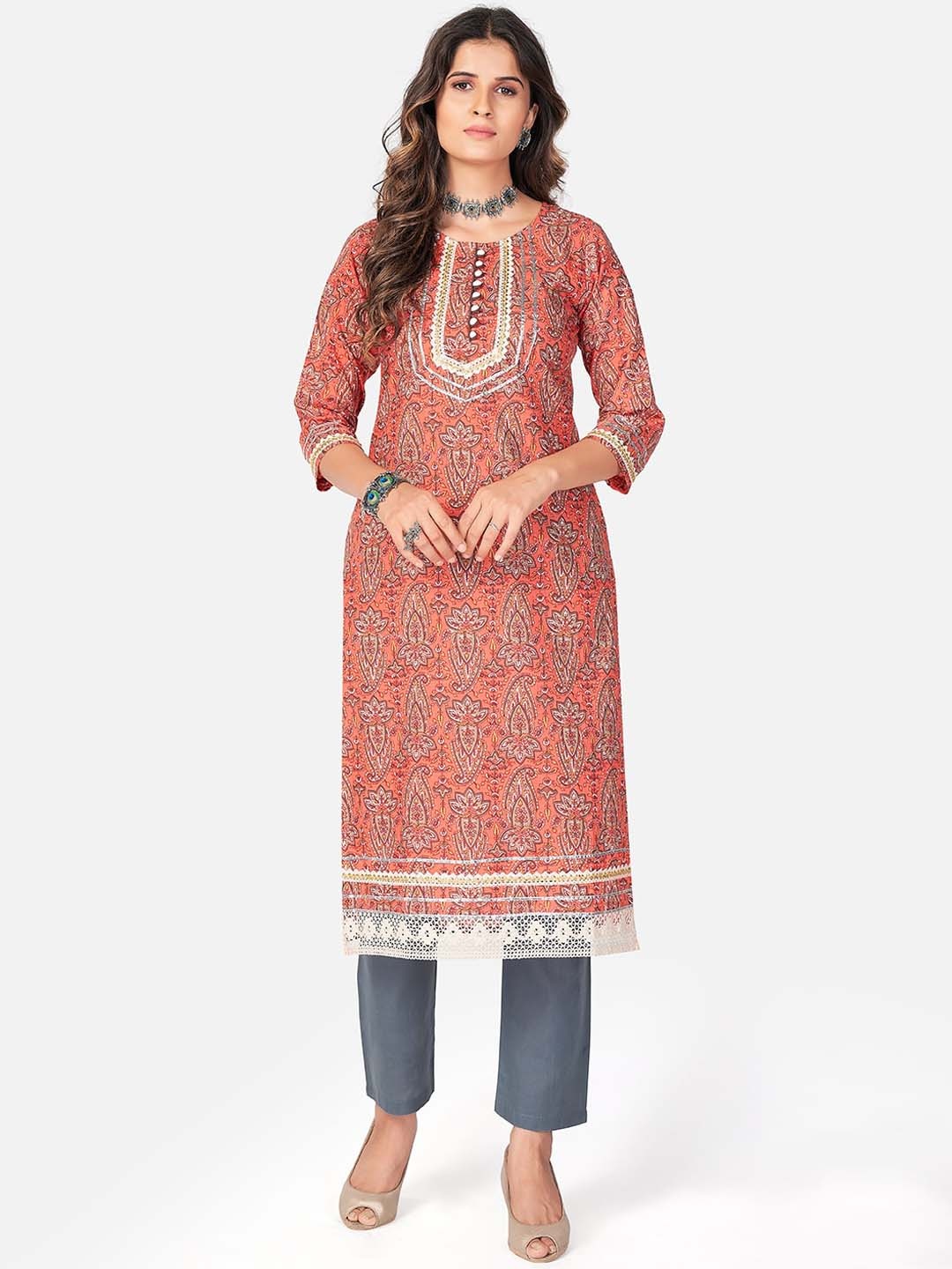

KALINI Women Orange Ethnic Motifs Printed Kurta