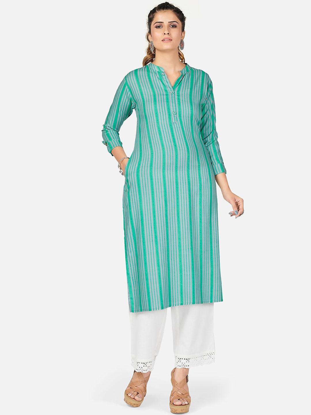 

KALINI Women Grey & Green Striped Kurta