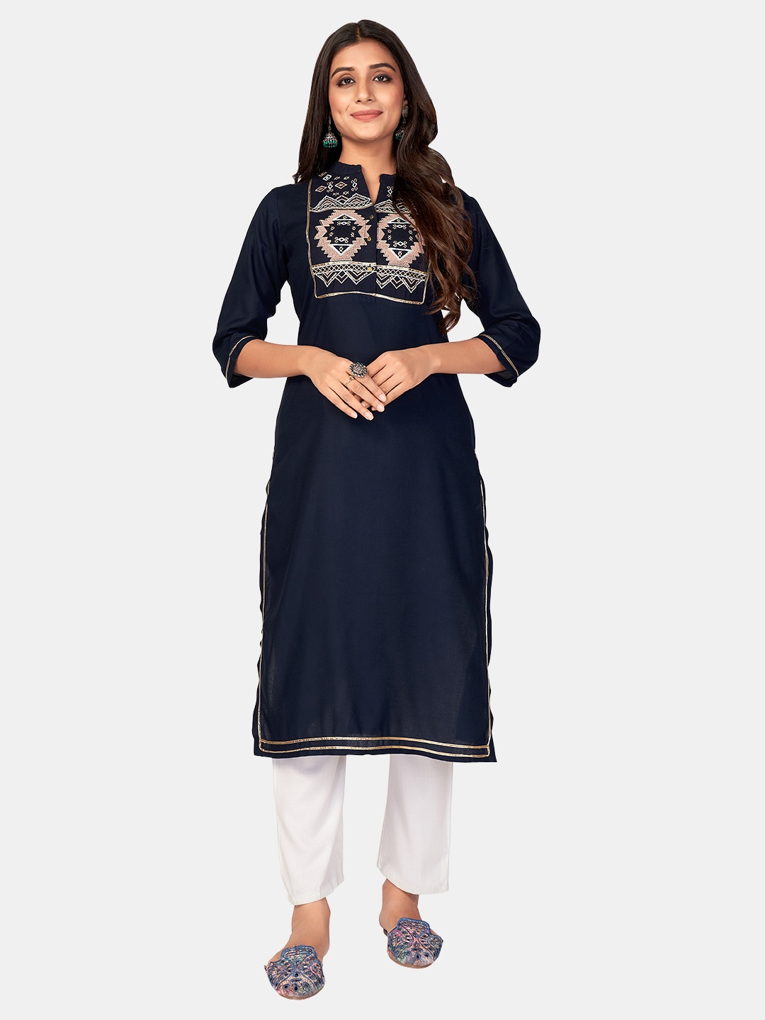 

KALINI Women Blue Floral Yoke Design Thread Work Kurta