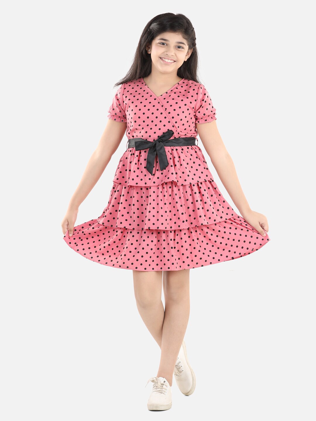 

StyleStone Girls Pink Polka Dot Printed Tiered Crepe Dress