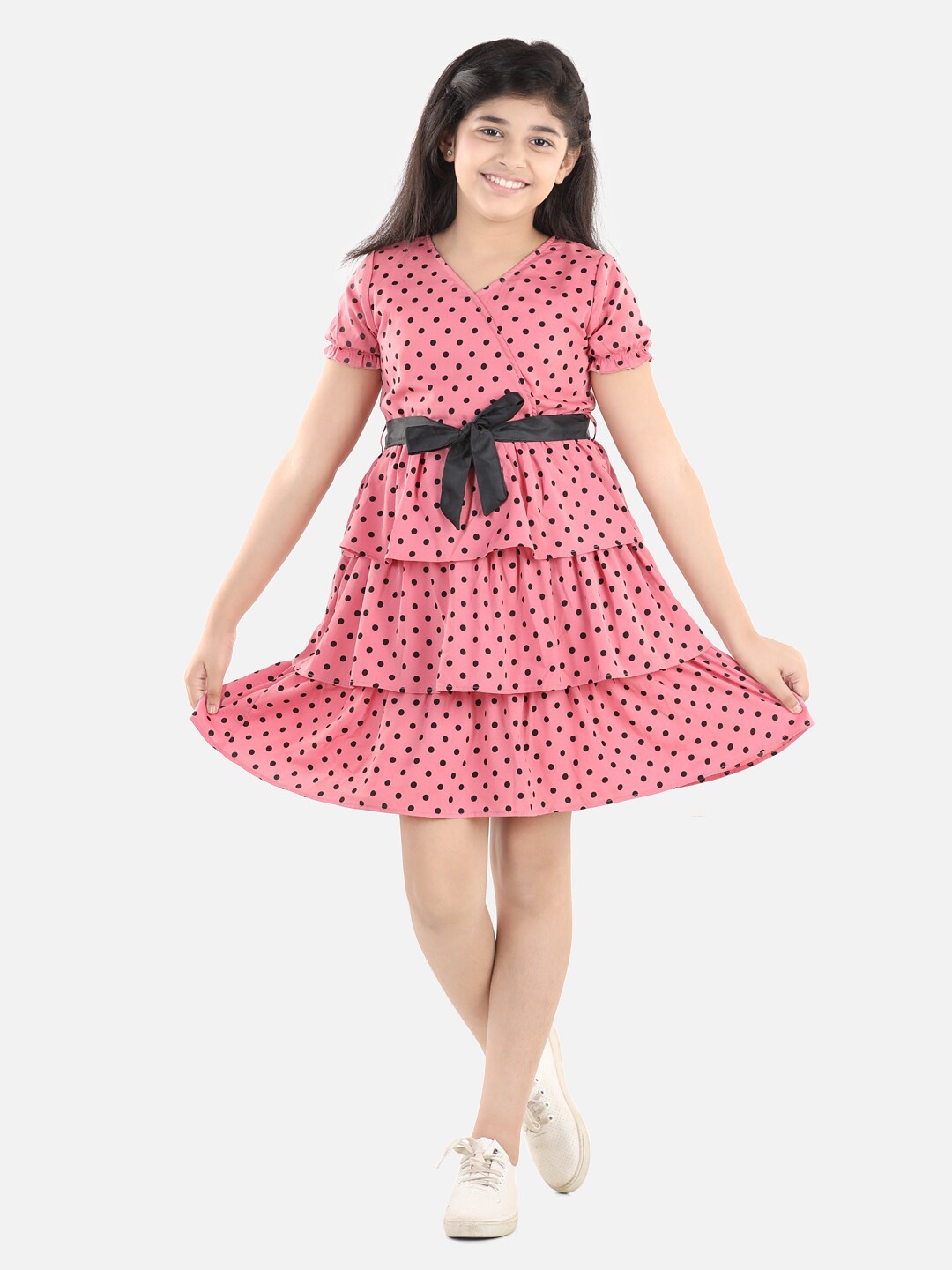 

StyleStone Pink & Black Polka Dots Printed Tiered Crepe Dress