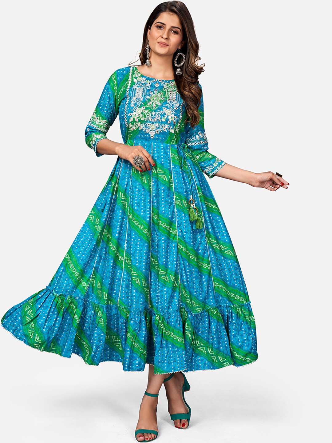 

Vbuyz Women Blue Ethnic Motifs Printed Mirror Work Anarkali Kurta