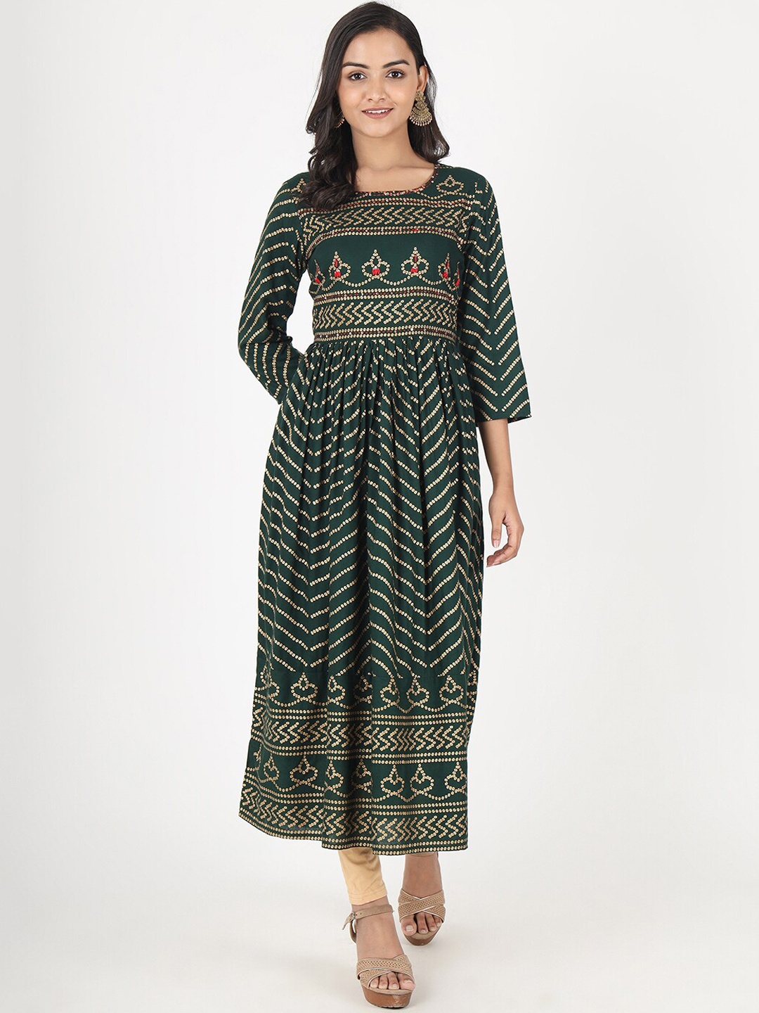 

KALINI Women Green Geometric Printed Mirror Work Anarkali Kurta