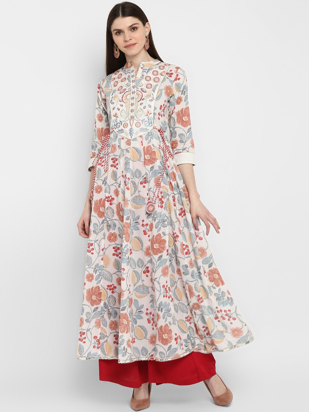 

Vbuyz Women Off White Floral Printed Mirror Work Anarkali Kurta