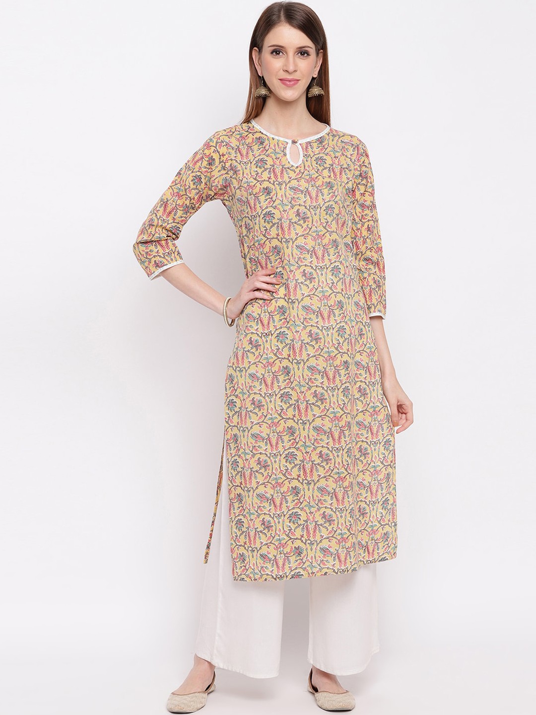 

KALINI Women Yellow Floral Printed Keyhole Neck Kurta