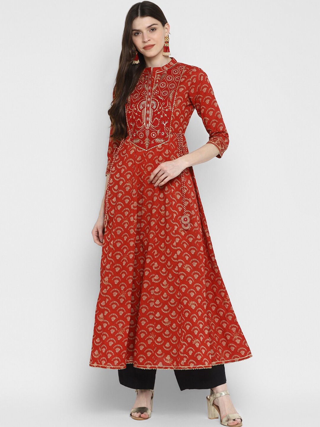 

Vbuyz Women Red & Golden Ethnic Motifs Printed Thread Work Anarkali Kurta