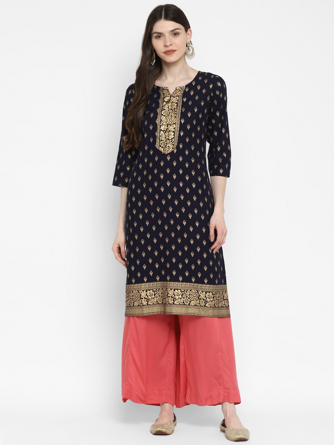 

KALINI Women Blue Ethnic Motifs Printed Keyhole Neck Kurta