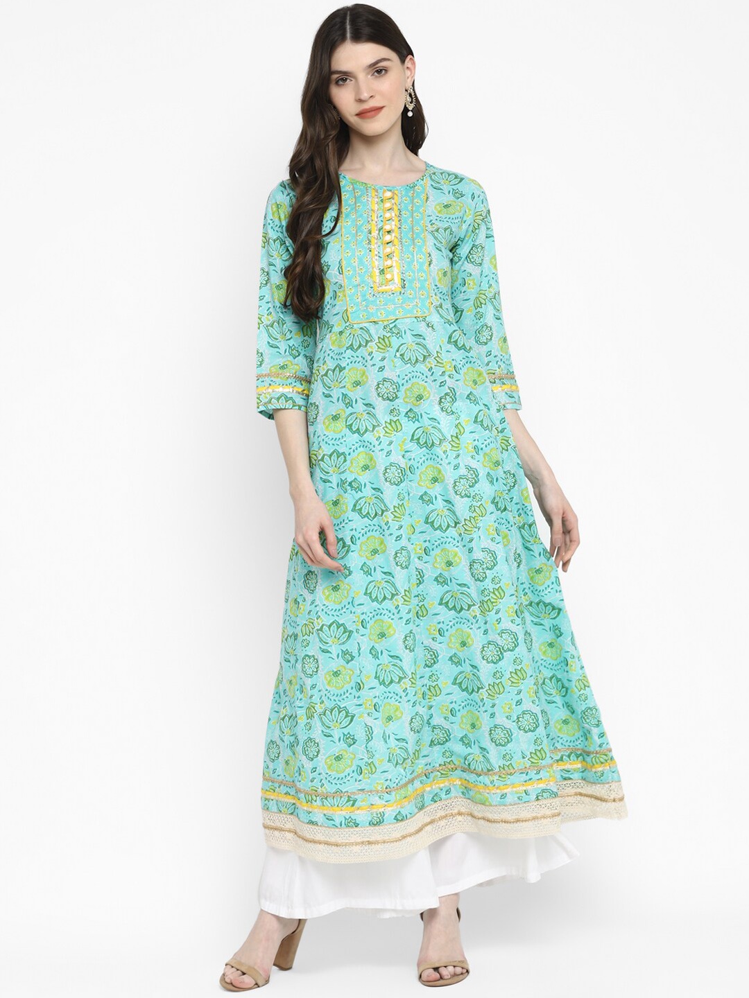 

Vbuyz Women Turquoise Blue & Yellow Floral Printed Anarkali Kurta