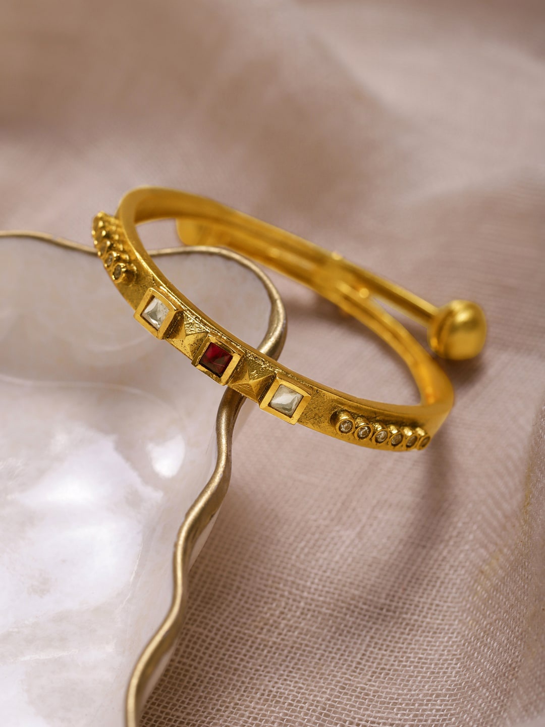 

Ruby Raang Gold-Plated White & Red Stone Studded & Beaded Bangle