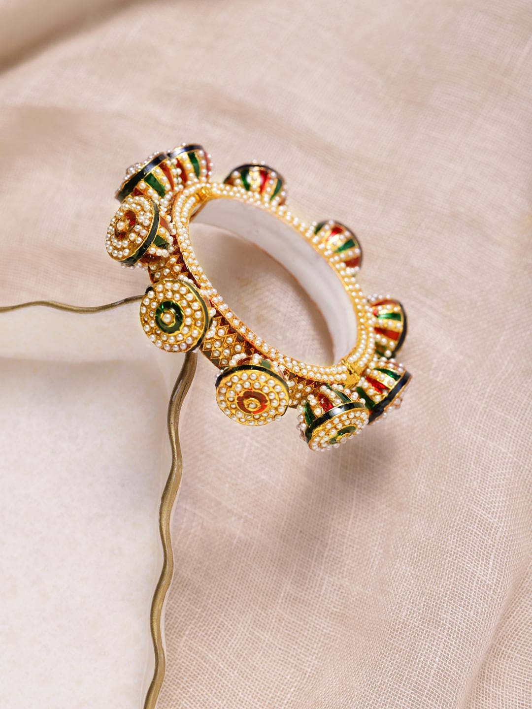 

Ruby Raang Gold-Plated White & Green Stone Studded Meenakari Bangle
