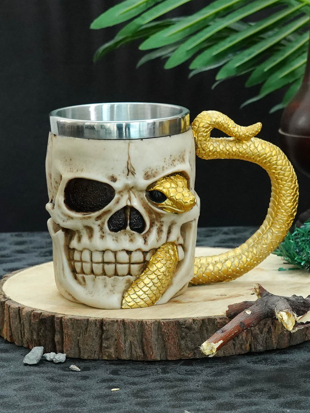 

TIED RIBBONS Brown & Grey Handcrafted Solid Stainless Steel Matte 3D Skull Coffee Mug