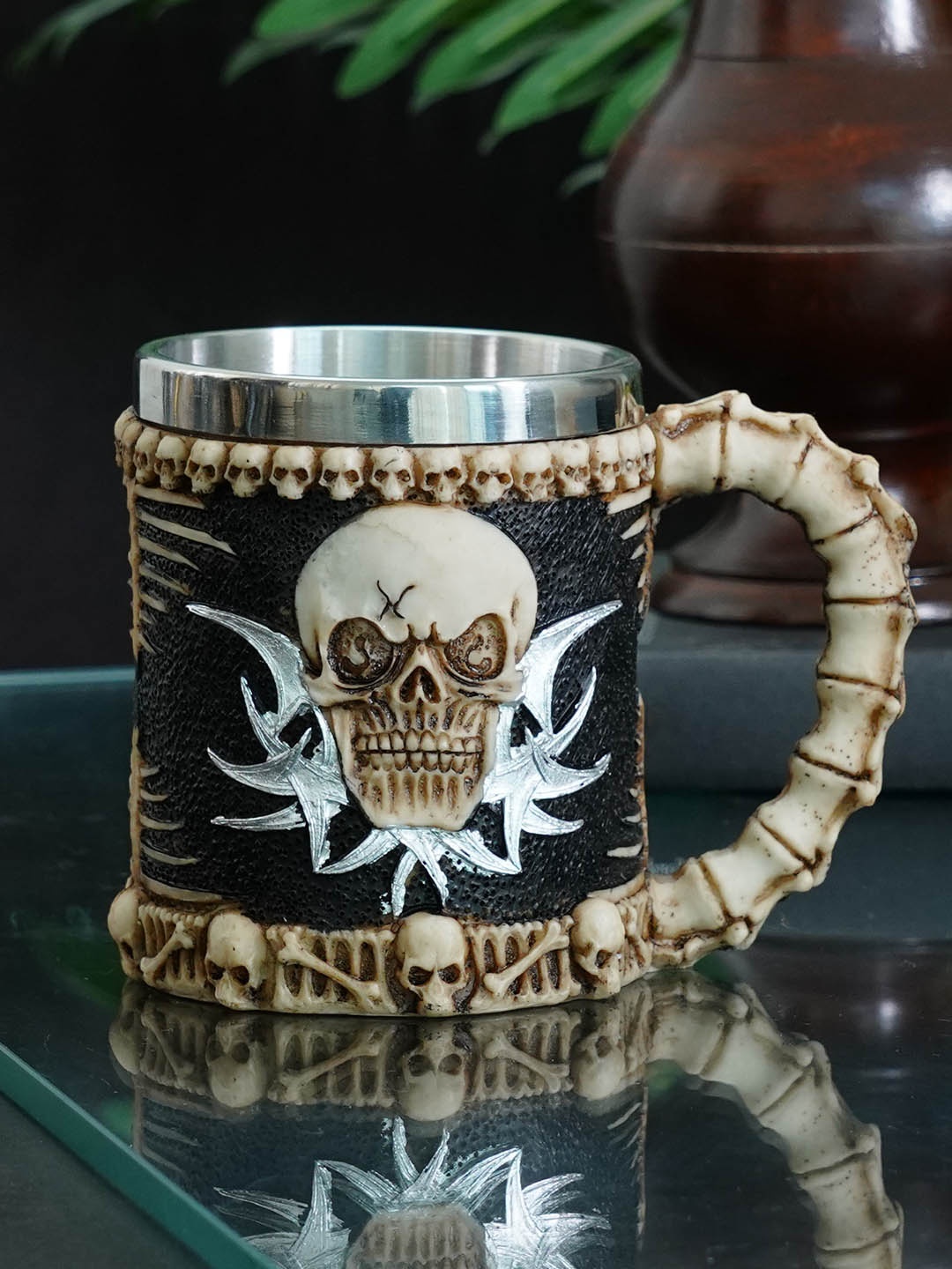 

TIED RIBBONS Navy Blue & Brown Handcrafted Solid Stainless Steel Matte Mugs Set of Cups and Mugs