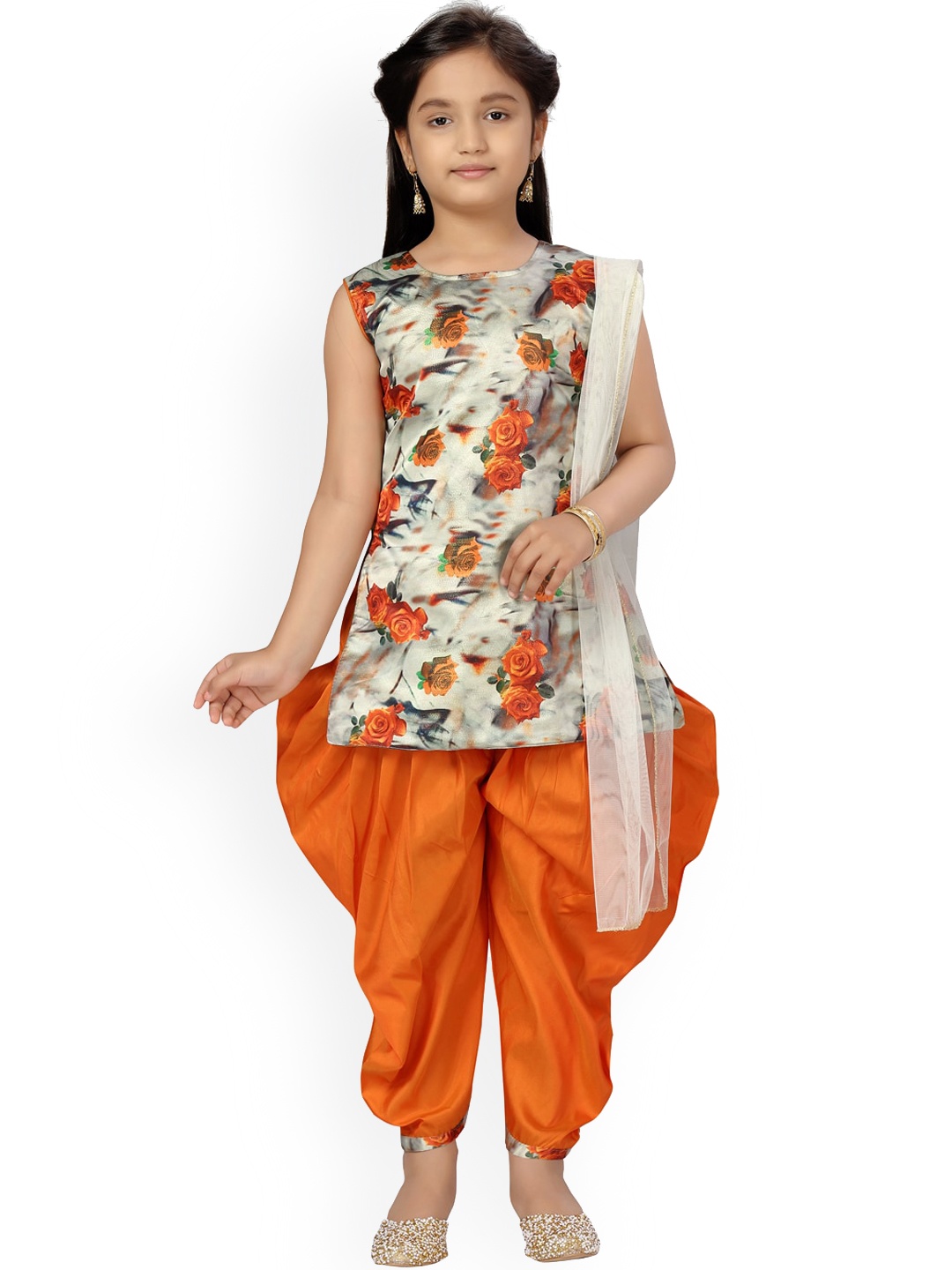 

Aarika Girls Orange Floral Printed Pure Silk Kurti with Patiala & With Dupatta