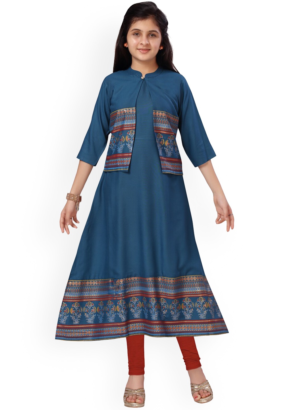 

Aarika Girls Blue Floral Yoke Design Pure Cotton Kurti with Churidar & With Dupatta