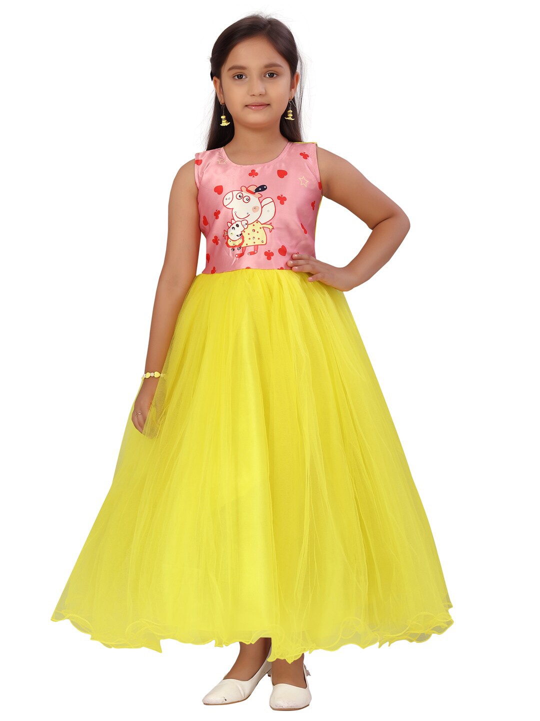 

Aarika Girls Pink & Yellow Peppa Pig Printed Floral Net Maxi Dress
