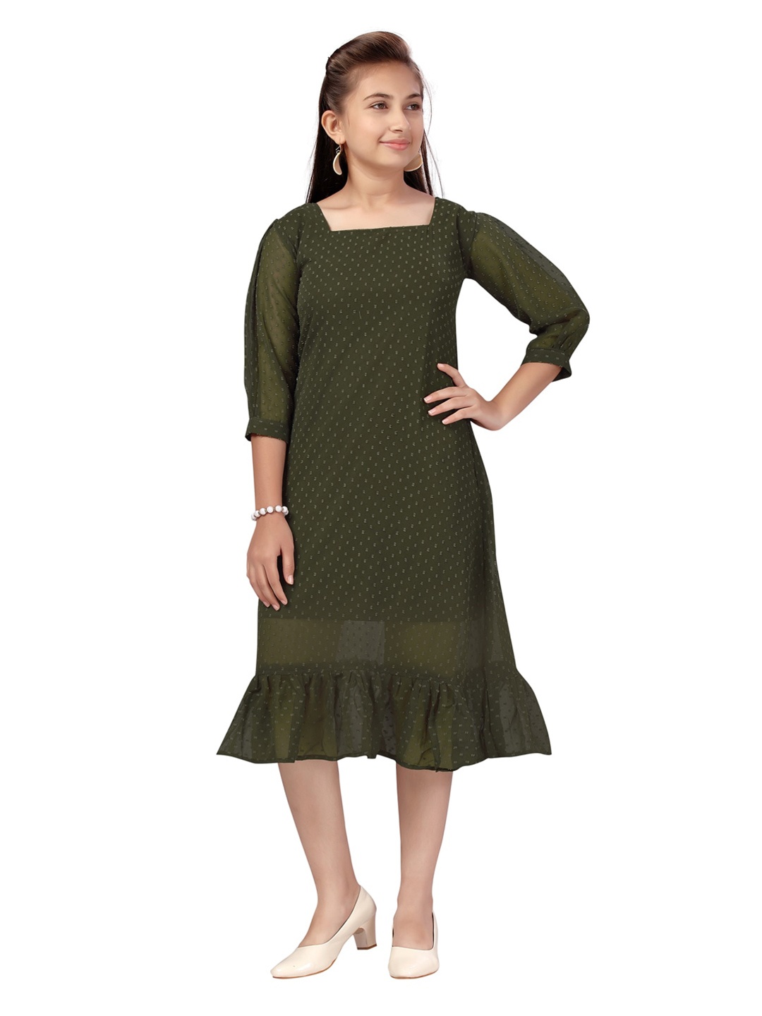 

Aarika Girls Green Georgette A-Line Midi Dress