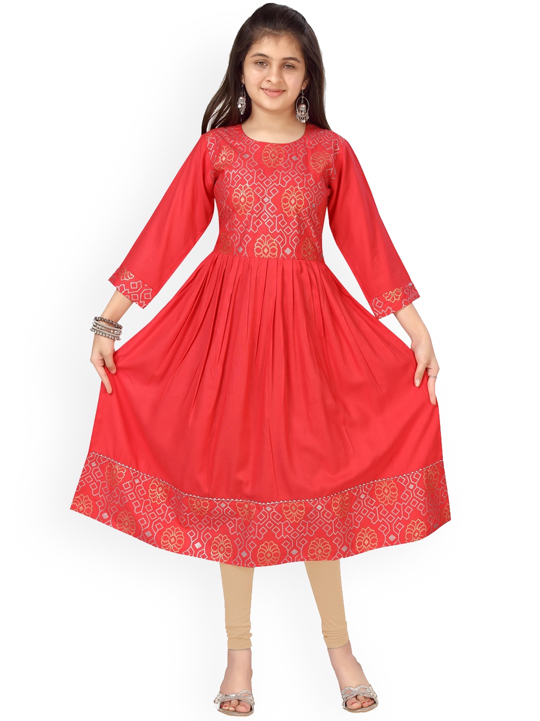 

Aarika Girls Red & Beige Yoke Design Pure Cotton Kurta with Leggings