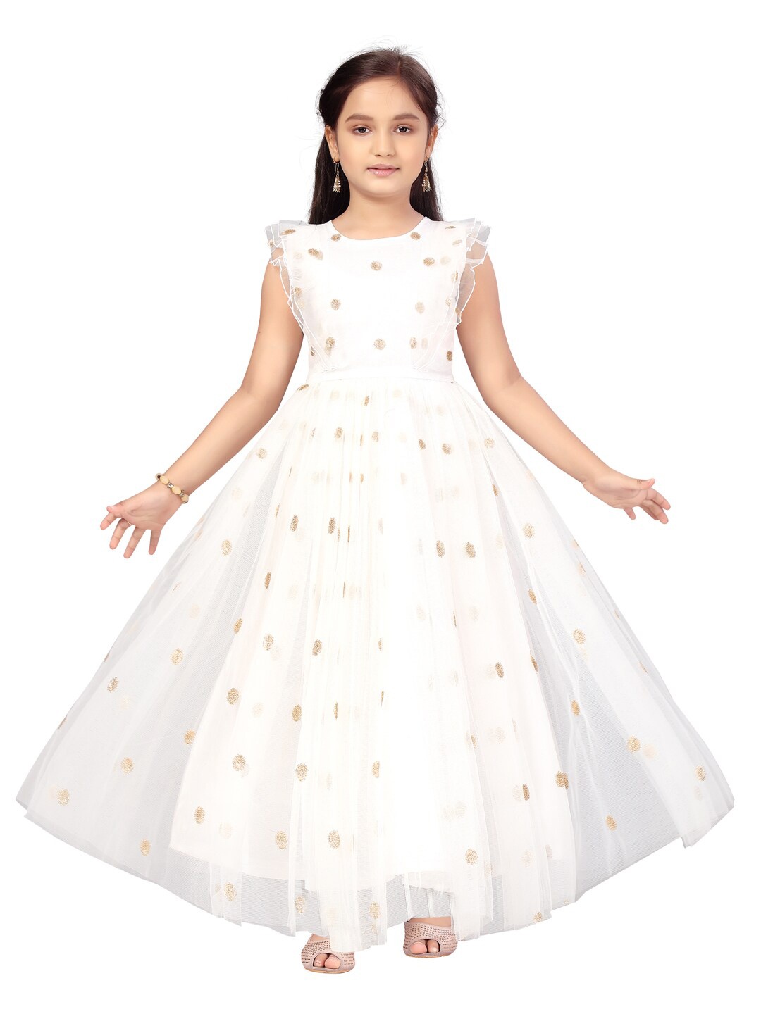 

Aarika Girls White & Gold-Toned Embellished Net Maxi Dress