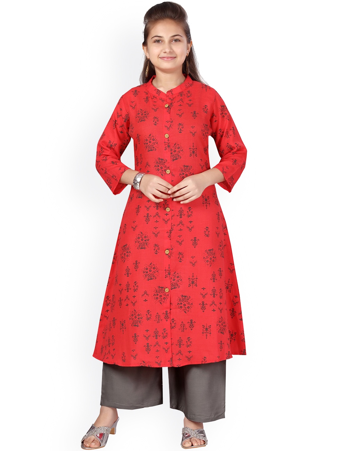 

Aarika Girls Red Floral Printed Pure Cotton Kurti with Palazzos