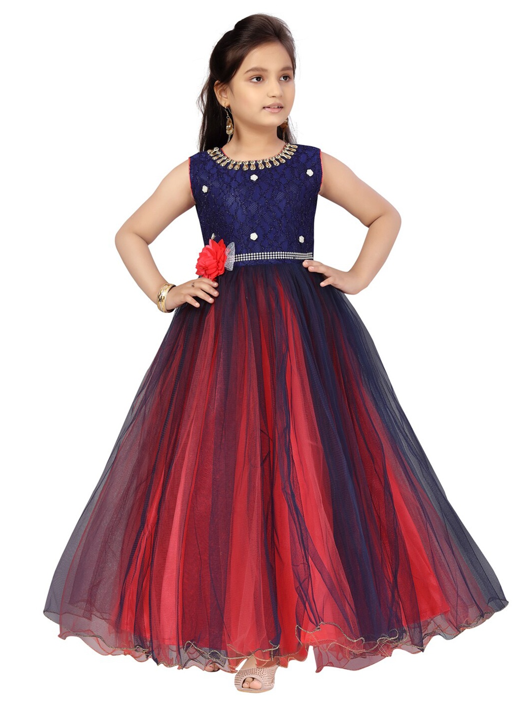 

Aarika Girls Red & Navy Blue Embellished Net Maxi Dress