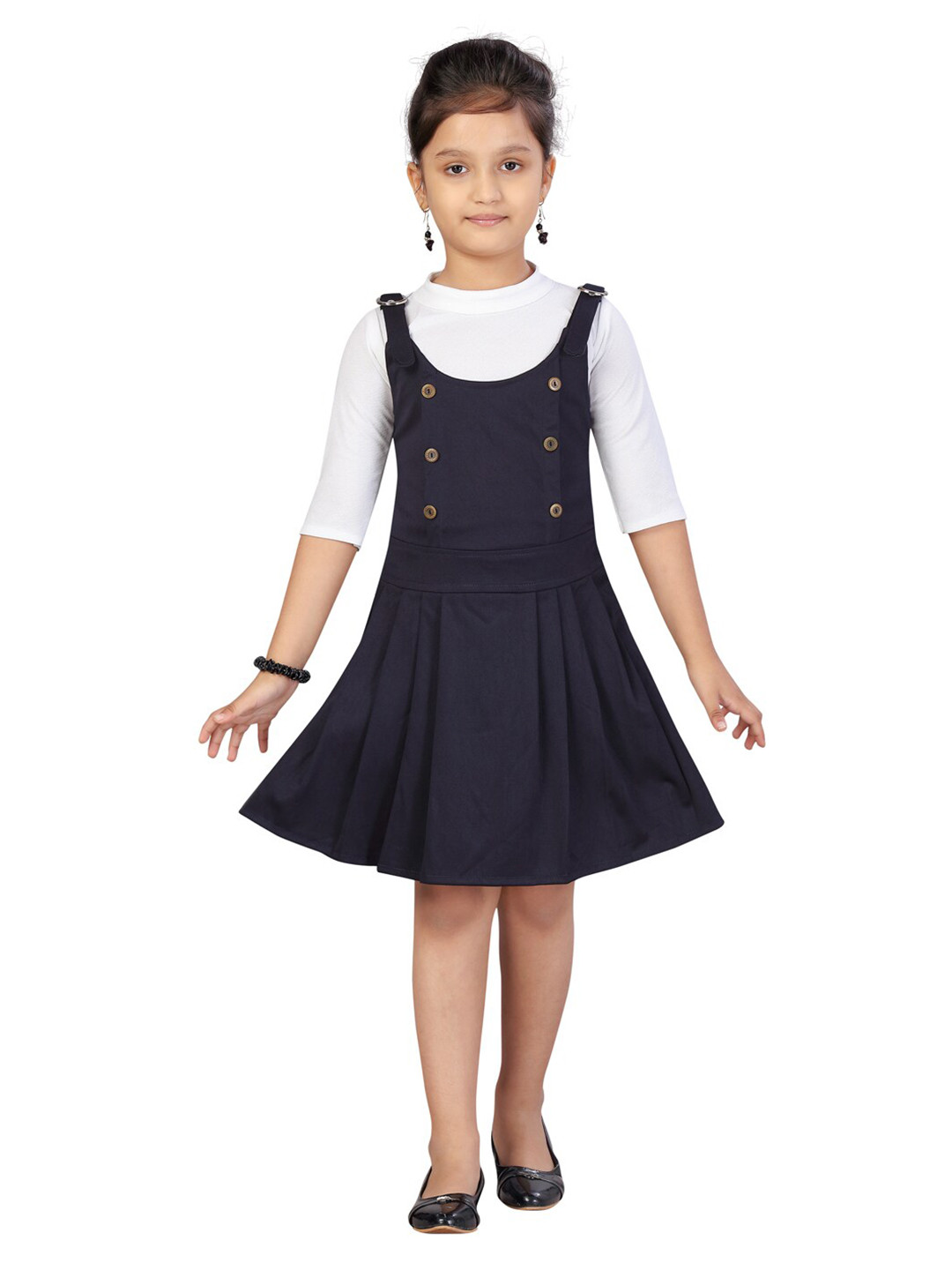 

Aarika Girls White & Navy Blue Printed T-shirt with Skirt