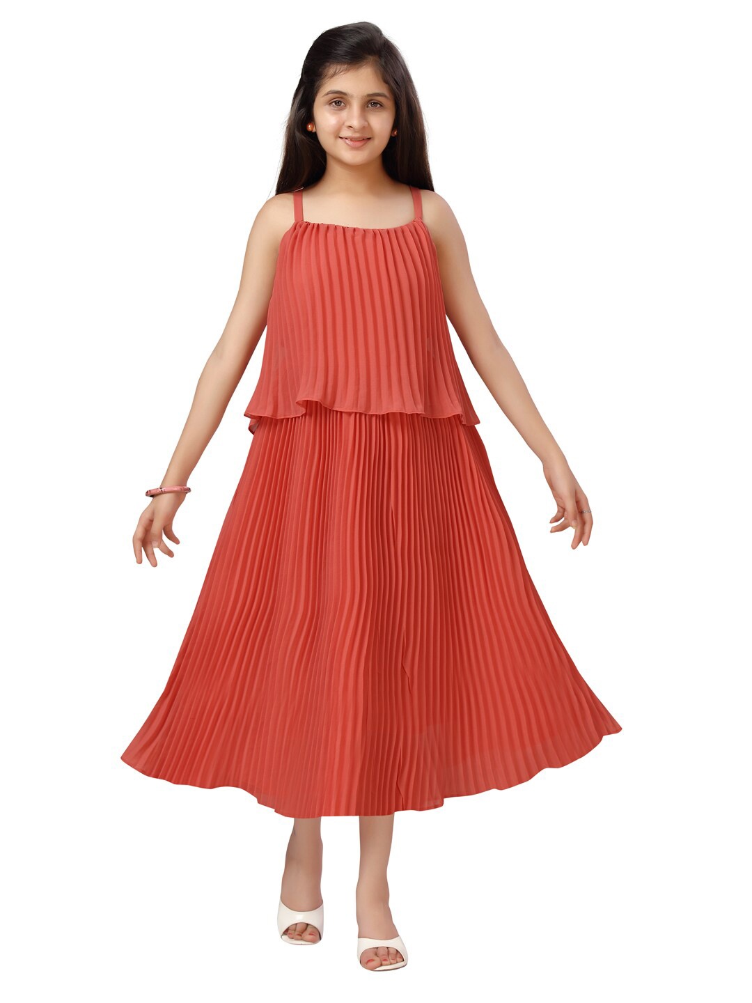 

Aarika Girls Peach-Coloured Striped Georgette A-Line Midi Dress