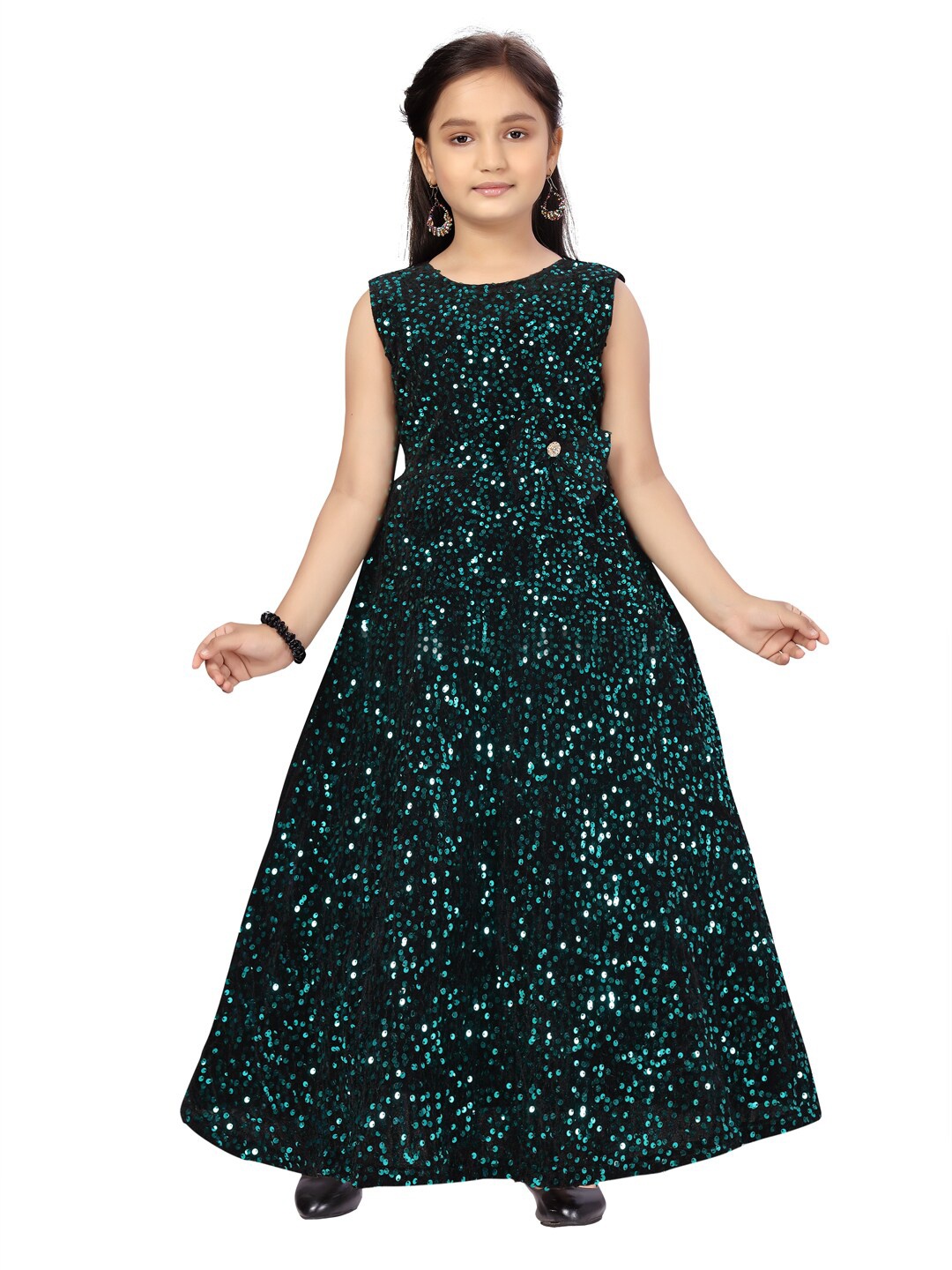 

Aarika Girls Green & Black Sequins Work Embellished Velvet Maxi Dress