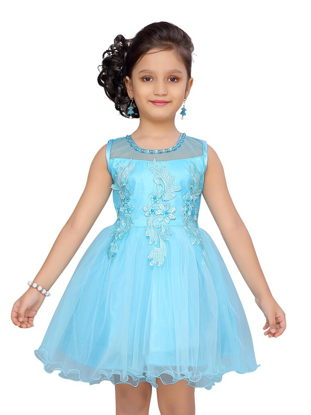 

Aarika Girls Turquoise Blue Floral Applique Net Dress