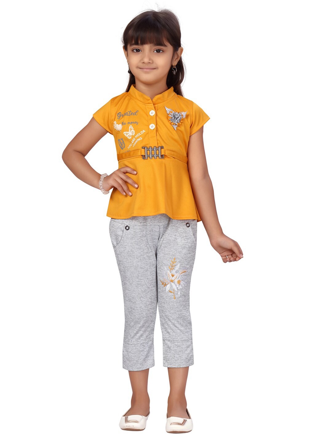 

Aarika Girls Yellow & Grey Printed Top with Trousers