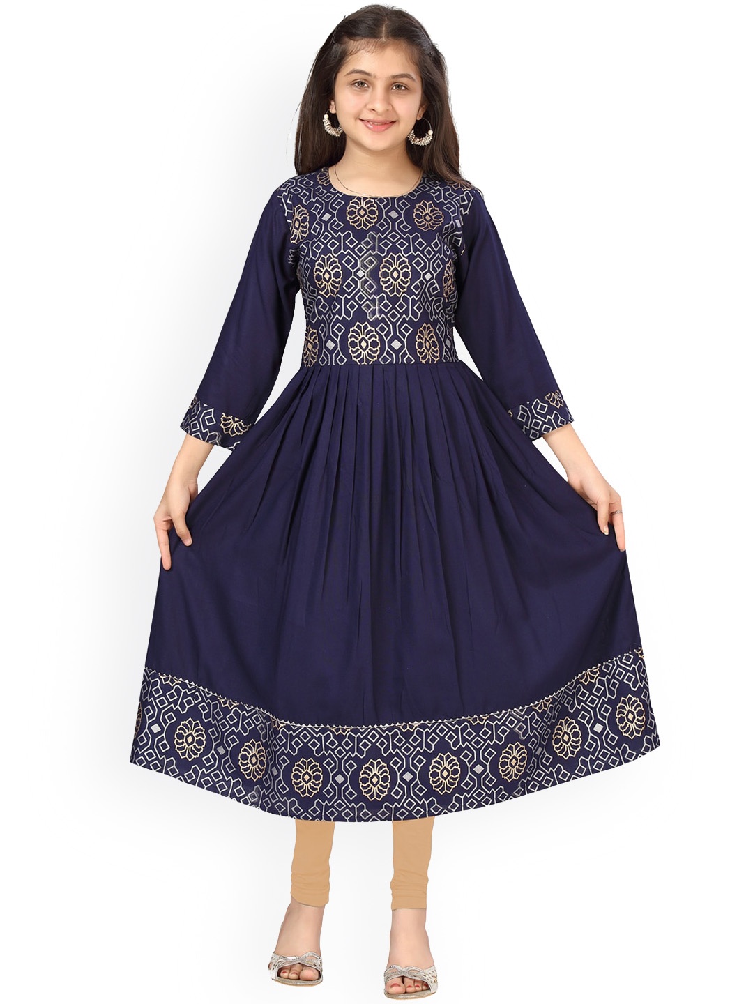

Aarika Girls Navy Blue Floral Embroidered Pure Cotton Kurta Churidar With Dupatta