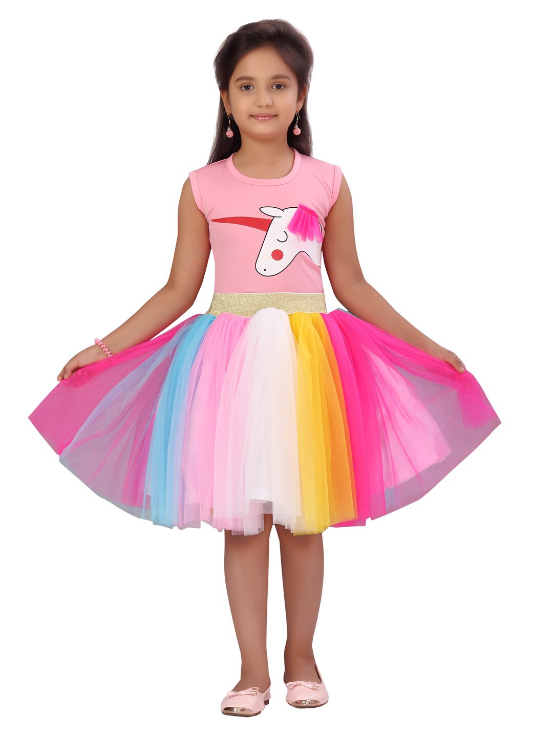 

Aarika Girls Pink & Multicoloured Unicorn Printed Top with Skirt
