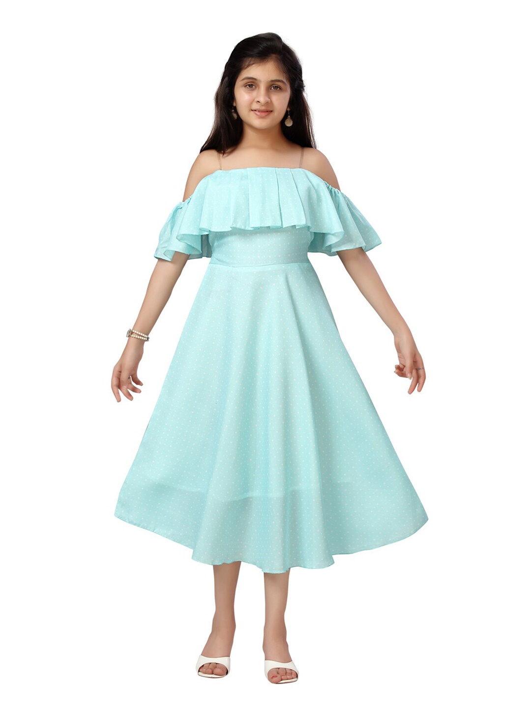 

Aarika Turquoise Blue & White Off-Shoulder A-Line Midi Dress