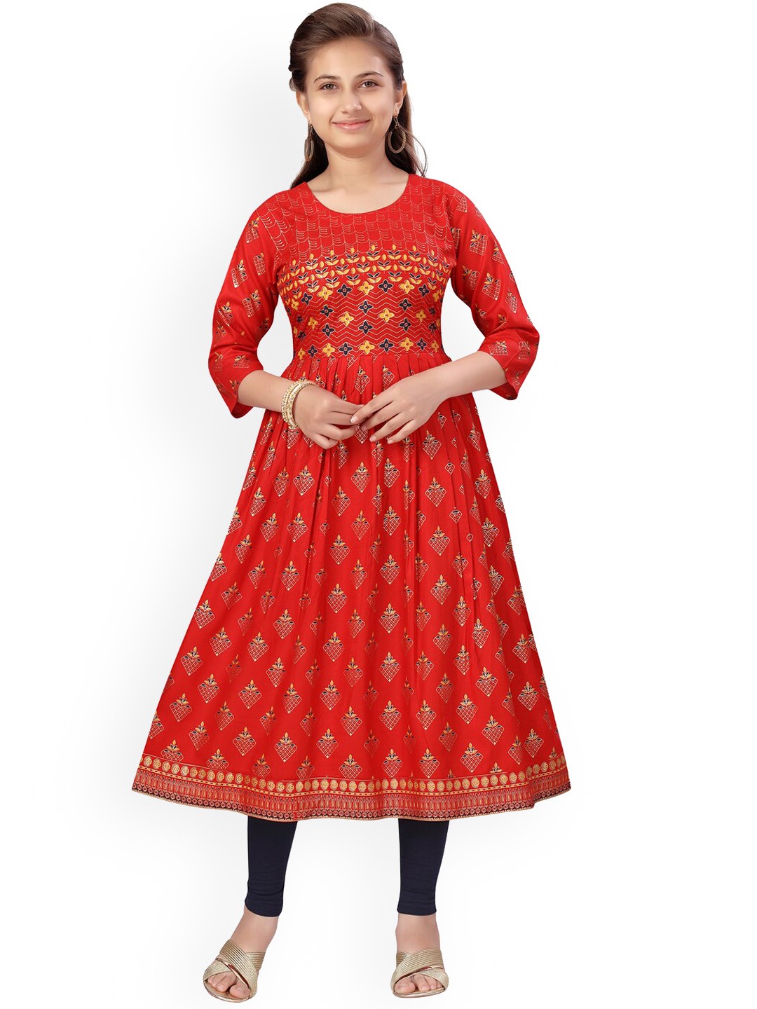

Aarika Girls Red Ethnic Motifs Flared Sleeves Thread Work Kurta