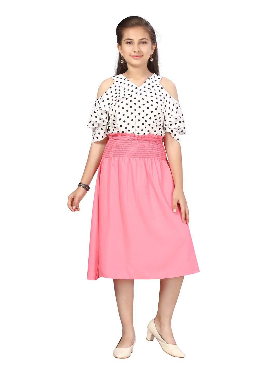 

Aarika Girls White & Pink Dot Polka Printed Midi Dress