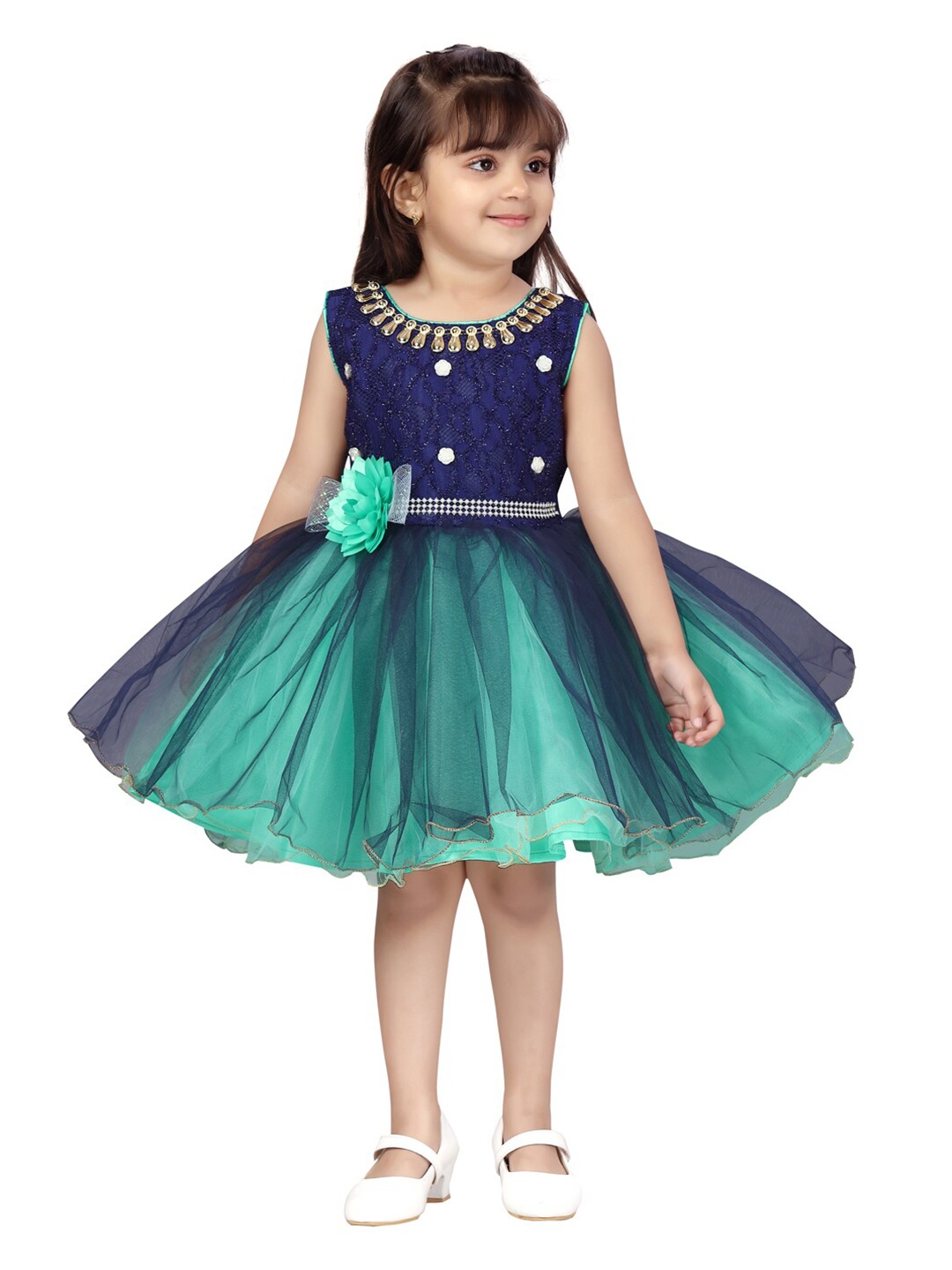 

Aarika Girls Green & Blue Embellished Fit & Flare Net Dress