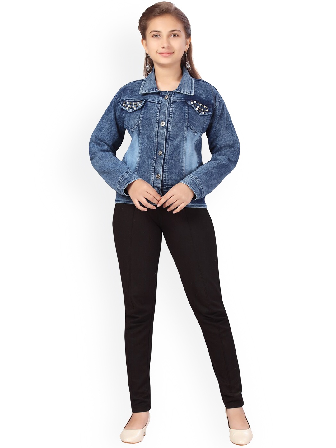 

Aarika Girls Blue Washed Colourblocked Lightweight Longline Denim Jacket with Embroidered