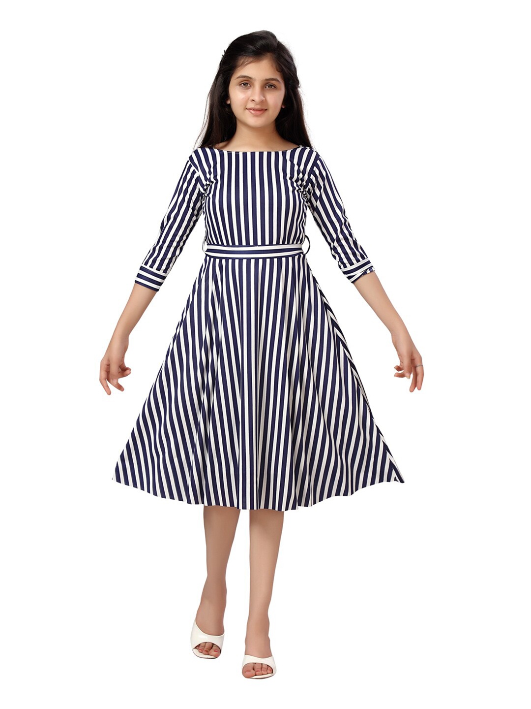

Aarika Girls Navy Blue & White Striped Belted Midi Dress