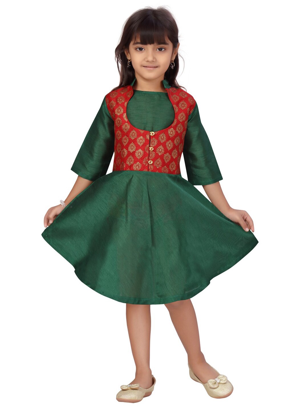 

Aarika Girls OLive Green & Maroon Printed Cotton Fit & Flare Dress