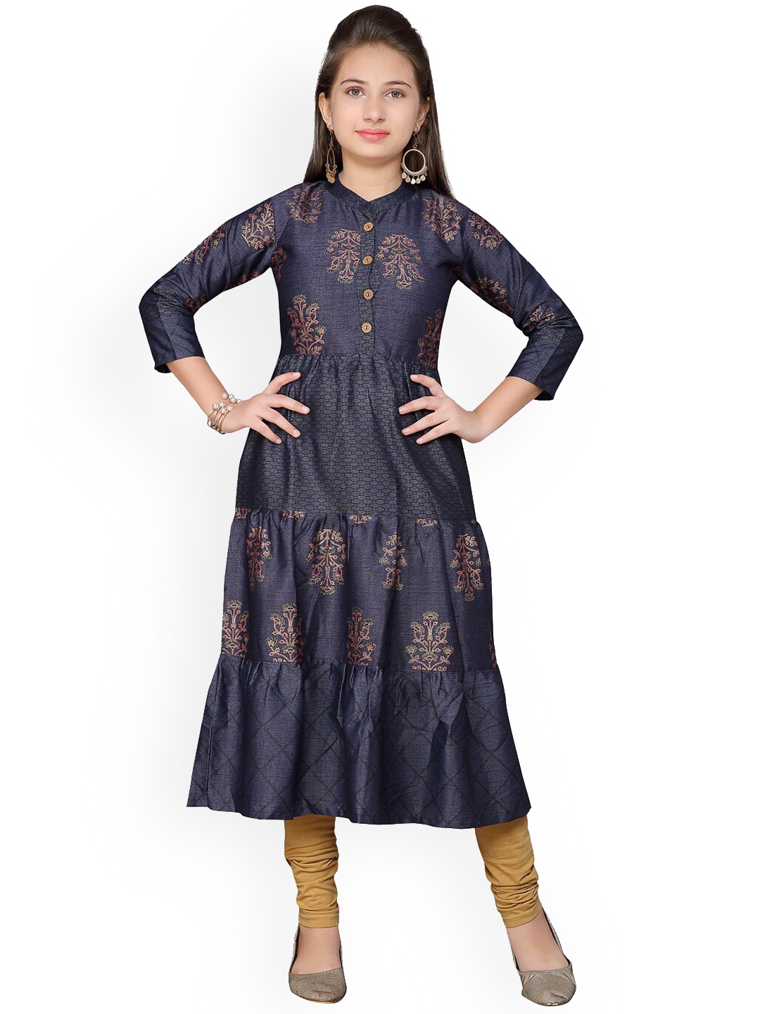 

Aarika Girls Navy Blue Ethnic Motifs Printed Cotton Anarkali Kurta