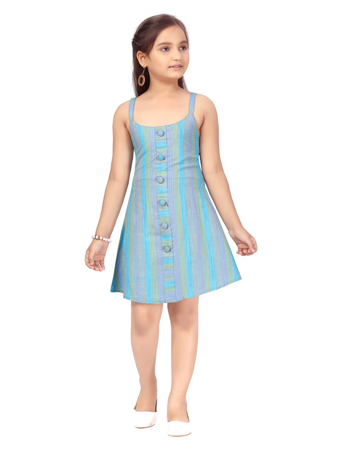 

Aarika Girls Blue Striped A-Line Cotton Dress