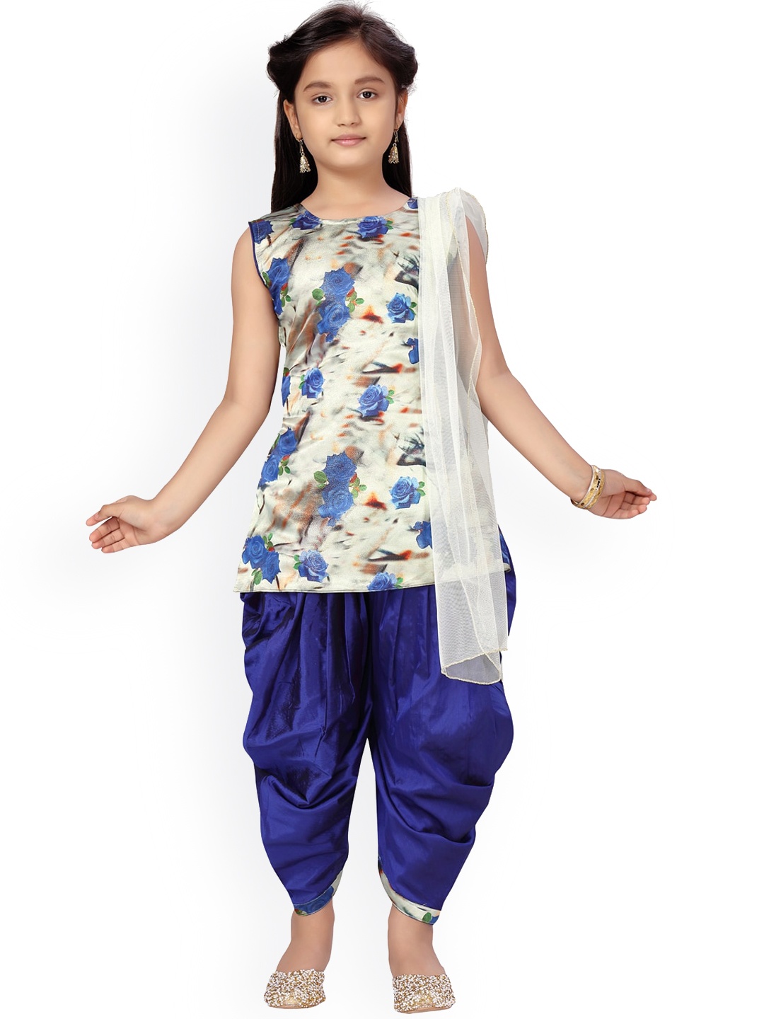 

Aarika Girls Blue Floral Printed Pure Silk Kurta Patiala With Dupatta