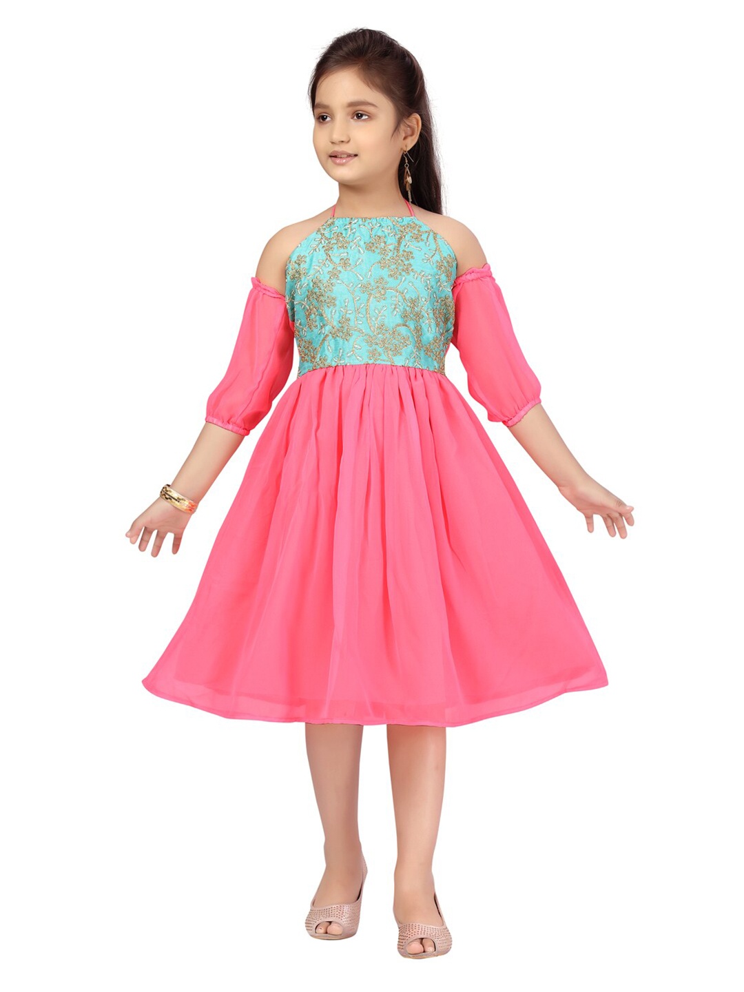 

Aarika Girls Sea Green & Pink Ethnic Motifs Embroidered Halter Neck Net Dress