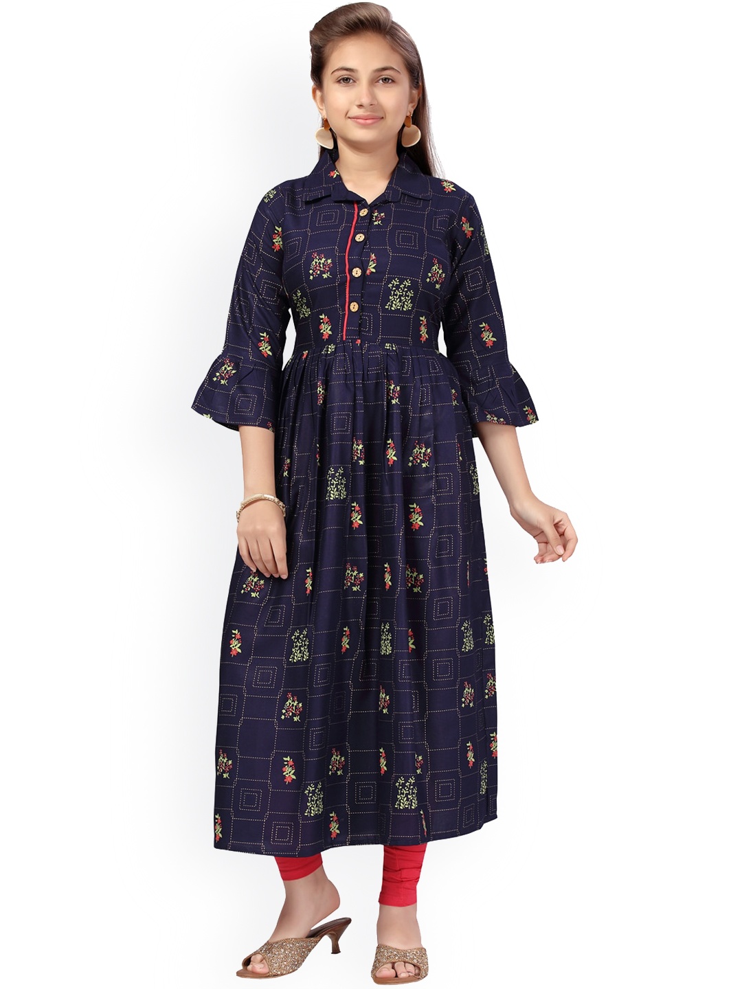 

Aarika Girls Navy Blue Floral Printed Flared Sleeves Anarkali Kurta