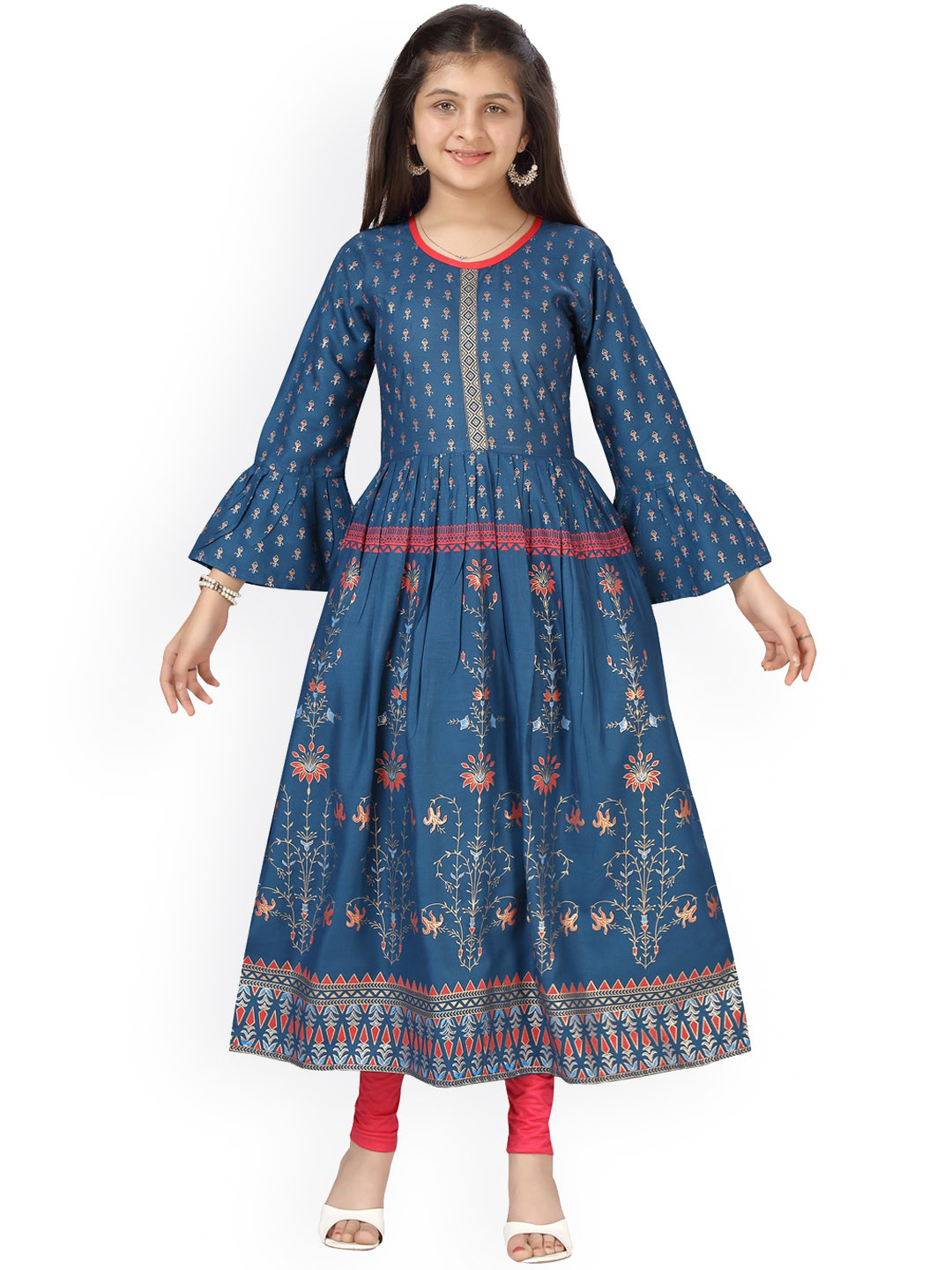 

Aarika Girls Blue Floral Printed Flared Sleeves Thread Work Anarkali Kurta