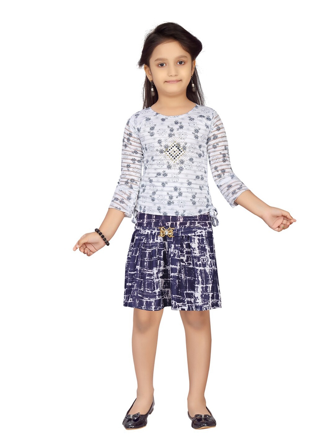 

Aarika Girls White & Blue Printed Top with Skirt
