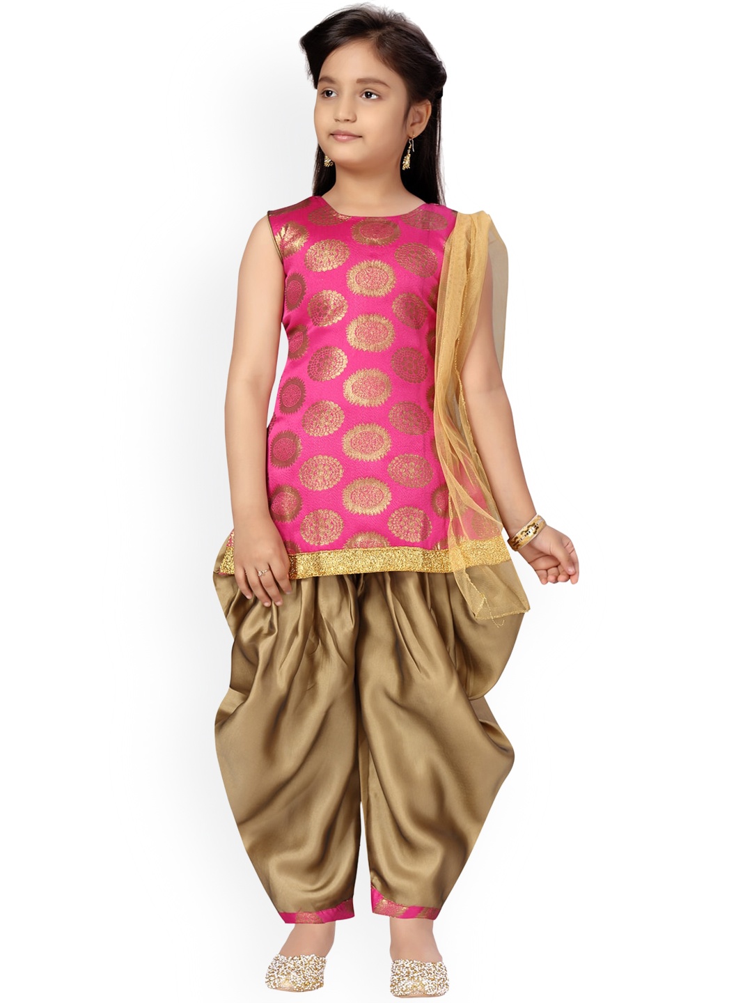 

Aarika Girls Pink Ethnic Motifs Pure Silk Kurti with Patiala & With Dupatta