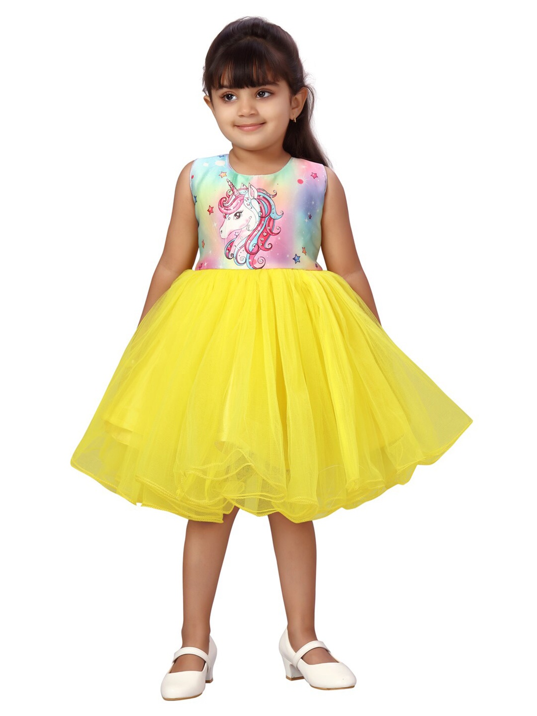 

Aarika Girls Yellow Unicorn Print Net Dress