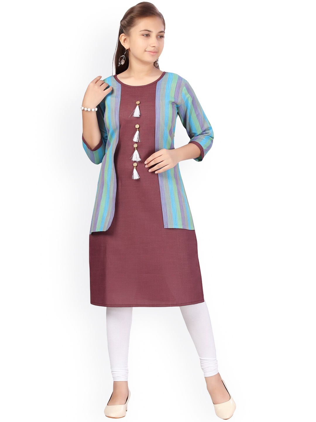 

Aarika Girls Burgundy & Blue Ethnic Motifs Kurta
