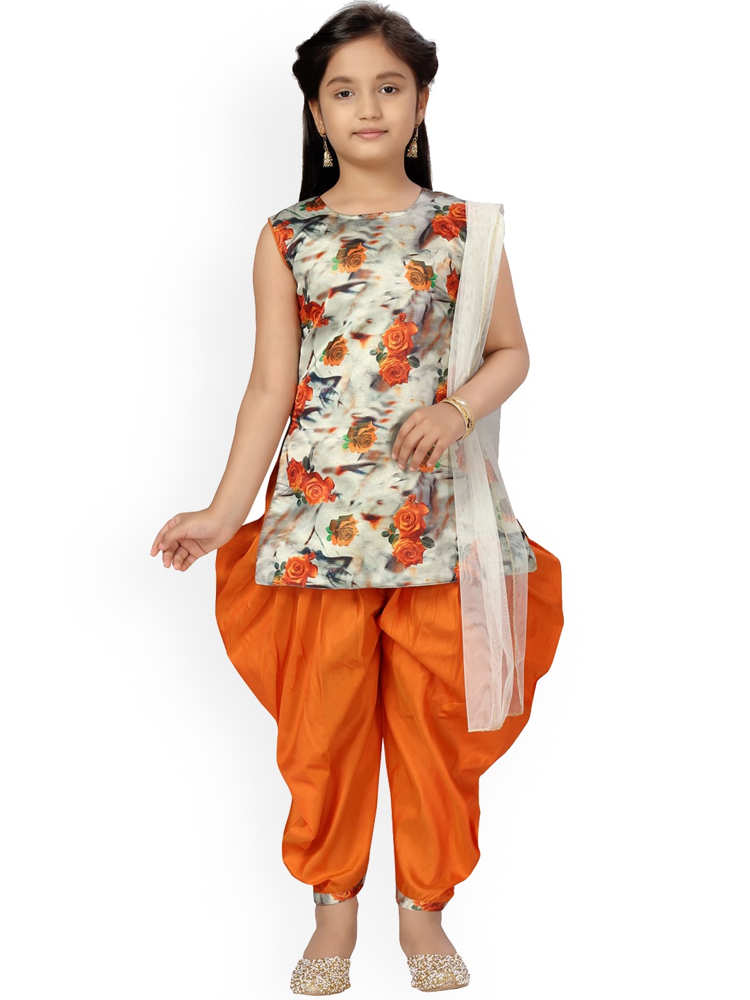 

Aarika Girls Orange Floral Printed Pure Silk Kurti with Dhoti Pants & With Dupatta