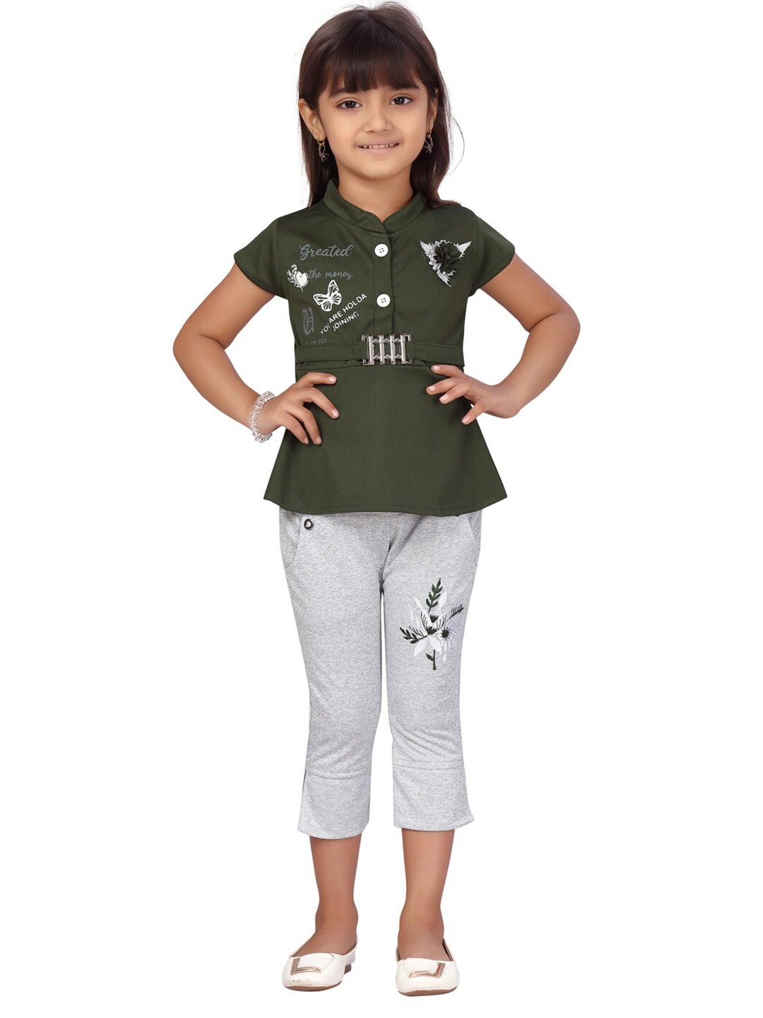 

Aarika Girls Green & Grey Printed Top with Capris